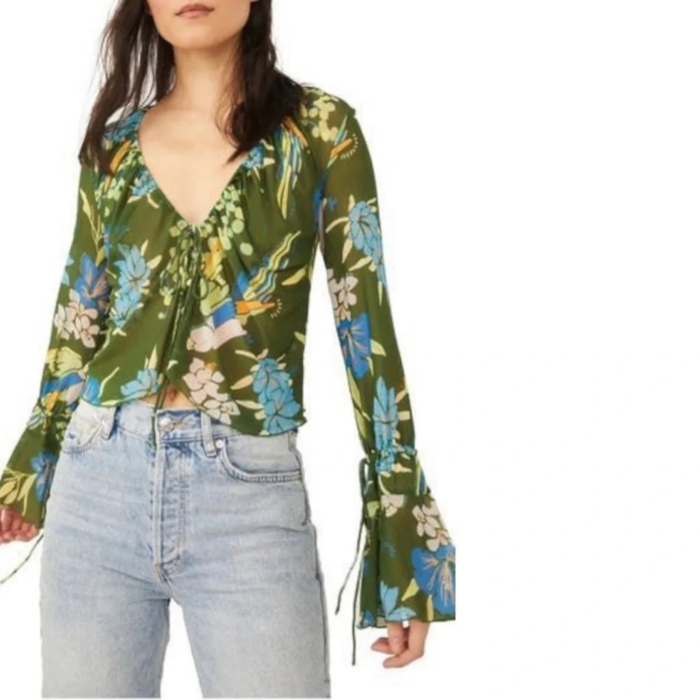 Free People Of Paradise Floral Bell Sleeve Top - Picture 2 of 13